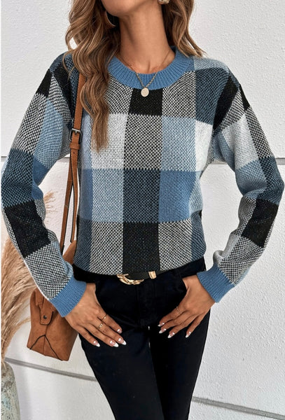 Plaid Print Round Neck Knit Loose Fit Sweater #7928