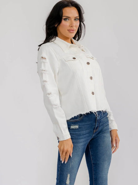 WOMEN'S LONG SLEEVE DISTRESS BUTTON CLOSURE BACK EMBROIDERY DENIM JACKET #0205