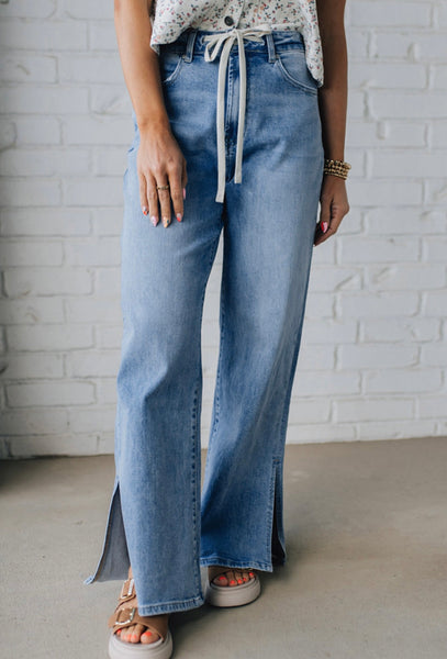 Myosotis Slit Leg High Rise Drawstring Casual Jeans #2015
