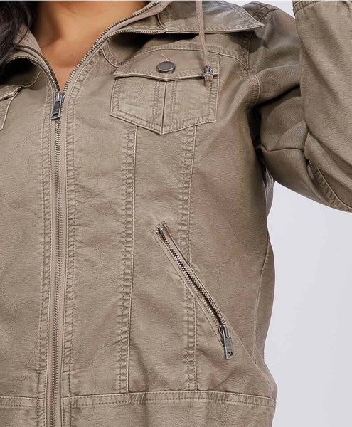 WOMEN'S LONG SLEEVE REMOVABLE HOODIE ZIPPER
CLOSURE FRONT POCKETS PU PLEATHER JACKET CAMEL #0027
