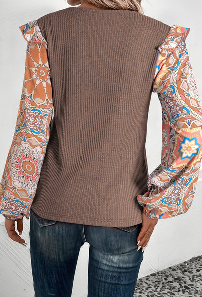 Ruffled Floral Sleeve Patchwork Waffle Knit O Neck Blouse Coffee/Ashleigh Blue #0226