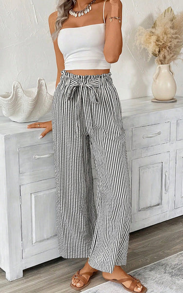 Black Stripe Tied High Waist Loose Straight Casual Pants #2011