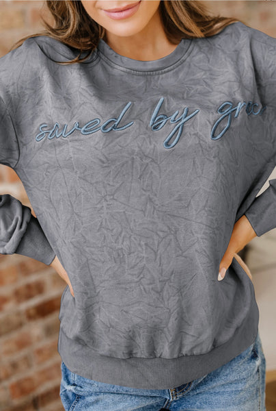 SAVED BY GRACE Letter Embroidery Mineral Wash Loose Sweatshirt #0219