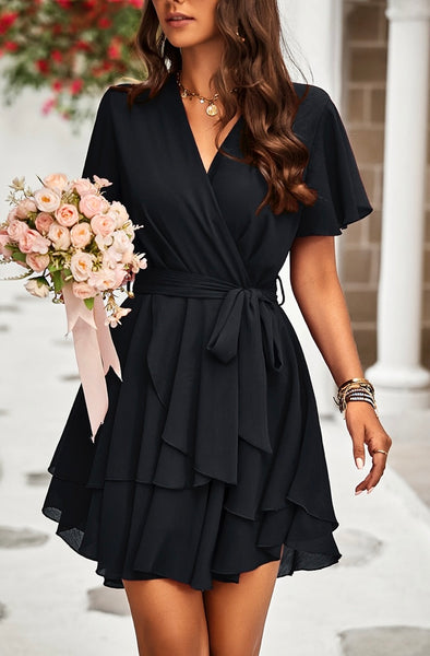 Chiffon Layer Hem Waist Tie Layer Hem Ruffle Dress #0020