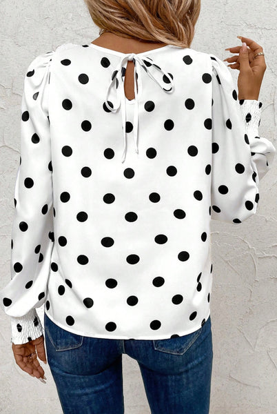 White Polka Dot Print Round Neck Frilled Long Sleeve Blouse #0214