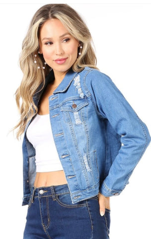 Classic Distressed Denim Jacket With Button Down Closure, Collared, And Pockets. #JA01