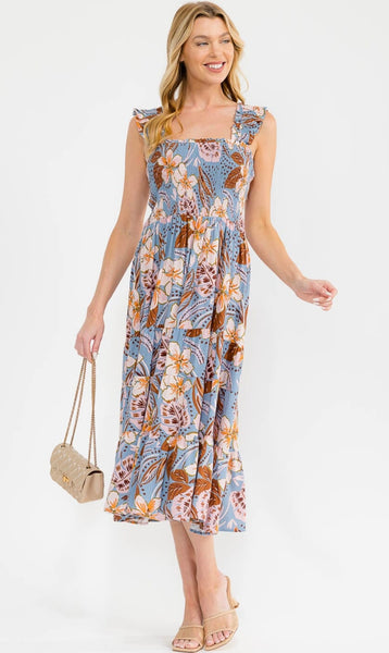 WOMEN'S SLEEVELESS SQUARE NECK SMOCK FLORAL PRINT MAXI DRESS #0177