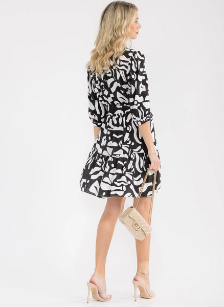 WOMEN'S 3/4 SLEEVE V-NECK SELF TIE MULTI PRINT MIDI DRESS #0185