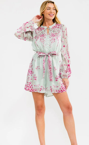 WOMEN'S LONG SLEEVE V-NECK ELASTIC WAIST SELF TIE FLORAL ROMPER 0004