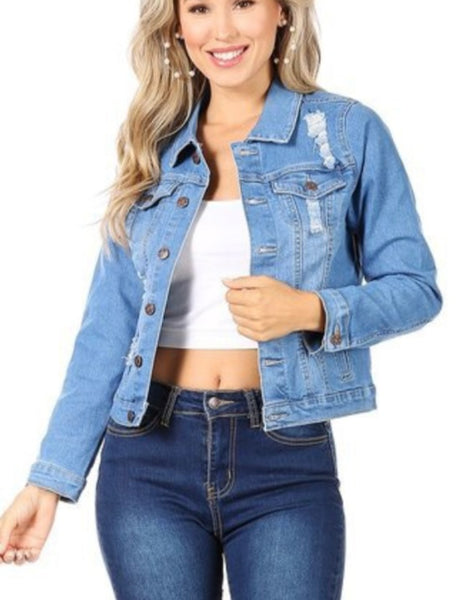 Classic Distressed Denim Jacket With Button Down Closure, Collared, And Pockets. #JA01