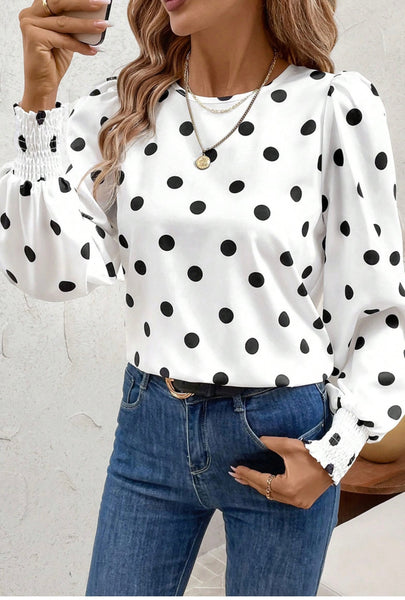 White Polka Dot Print Round Neck Frilled Long Sleeve Blouse #0214