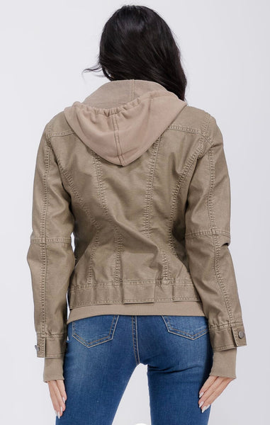 WOMEN'S LONG SLEEVE REMOVABLE HOODIE ZIPPER
CLOSURE FRONT POCKETS PU PLEATHER JACKET CAMEL #0027
