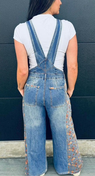 Peacock Blue Floral Patchwork Bib Denim Wide Leg Overalls #0217
