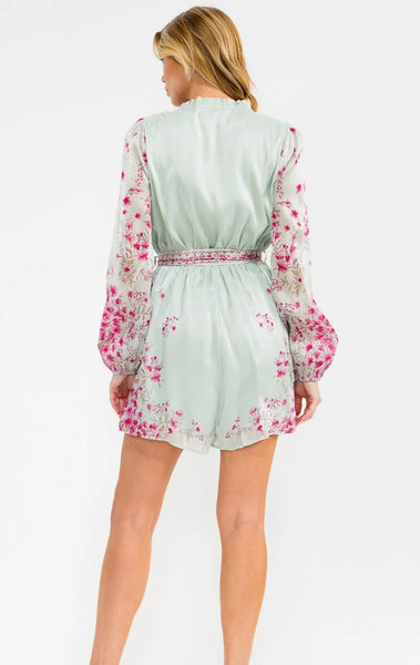 WOMEN'S LONG SLEEVE V-NECK ELASTIC WAIST SELF TIE FLORAL ROMPER 0004