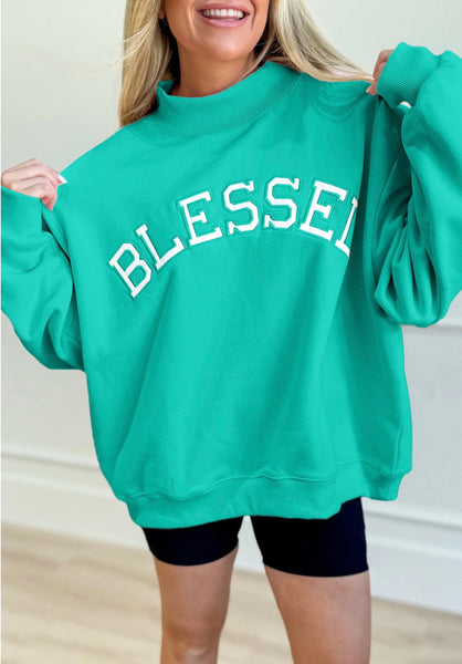Sea Green or Pink Oversize Blessed Embroidered Mock Neck Sweatshirt #2012