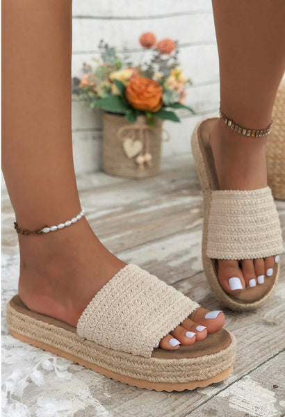 White Boho Woven Non-slip Wedge Slip-ins #2007