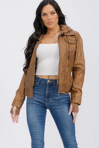 WOMEN'S LONG SLEEVE REMOVABLE HOODIE ZIPPER
CLOSURE FRONT POCKETS PU PLEATHER JACKET CAMEL #0027