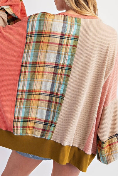 Plaid Patchwork Waffle Knit Sweatshirt #2531