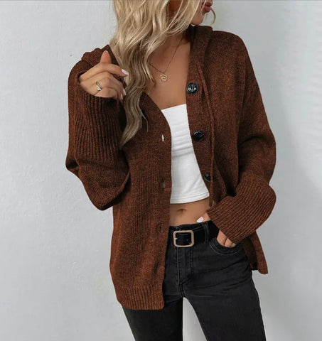 WOMENS KNITTED HOODIE STOYE BUTTON DOWN CARDIGAN #A0179