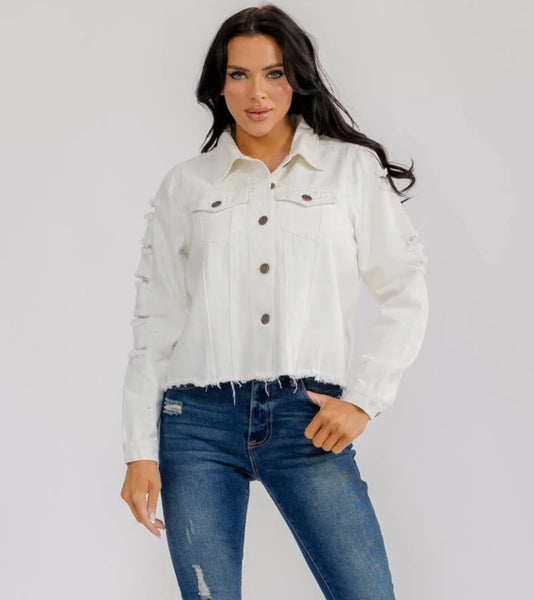 WOMEN'S LONG SLEEVE DISTRESS BUTTON CLOSURE BACK EMBROIDERY DENIM JACKET #0205