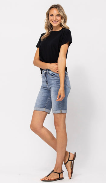 JUDY BLUE 15226 HI-RISE CUFFED BERMUDA SHORTS