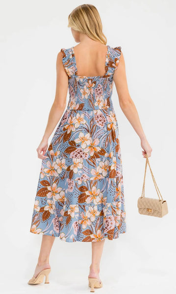 WOMEN'S SLEEVELESS SQUARE NECK SMOCK FLORAL PRINT MAXI DRESS #0177