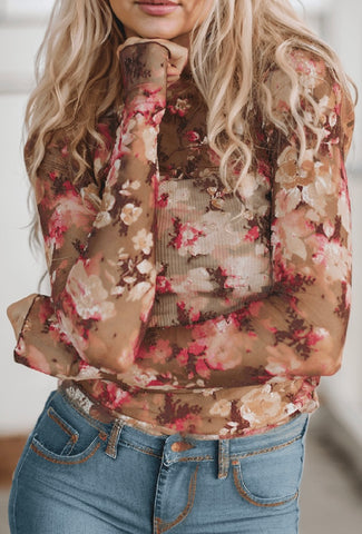 Floral Print Sheer Mesh Long Sleeve Top #0320