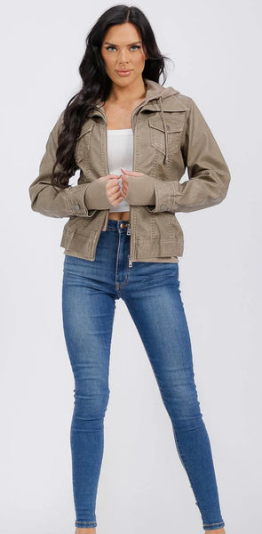 WOMEN'S LONG SLEEVE REMOVABLE HOODIE ZIPPER
CLOSURE FRONT POCKETS PU PLEATHER JACKET CAMEL #0027