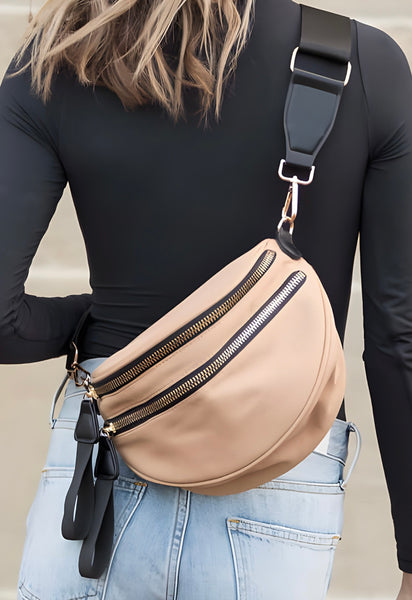 Parchment Double Zip Crescent Shape Adjustable Sling Bag #2005