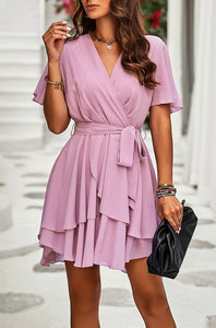 Chiffon Layer Hem Waist Tie Layer Hem Ruffle Dress #0020