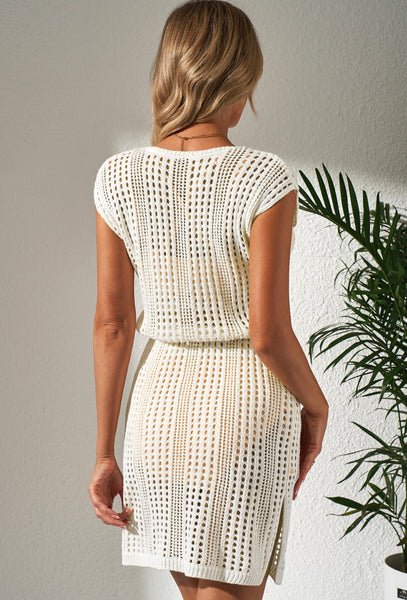 Beige Open Knit Drawstring Waist Beach Dress #2013