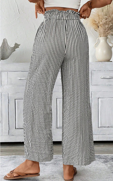 Black Stripe Tied High Waist Loose Straight Casual Pants #2011