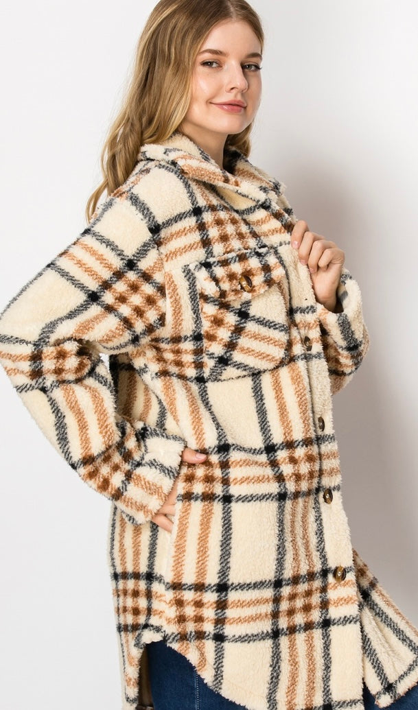 PLAID BUTTON DOWN SHERPA FUR SHACKET #2021