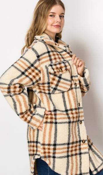 PLAID BUTTON DOWN SHERPA FUR SHACKET #2021