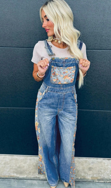 Peacock Blue Floral Patchwork Bib Denim Wide Leg Overalls #0217