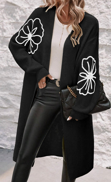 Black Flower Embroidered Drop Shoulder Open Front Duster Cardigan #0227