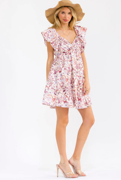 WOMEN'S RUFFLE SLEEVE V-NECK SMOCK FRONT POCKETS FLORAL MINI DRESS #0207