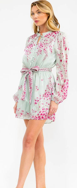 WOMEN'S LONG SLEEVE V-NECK ELASTIC WAIST SELF TIE FLORAL ROMPER 0004