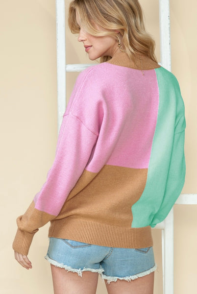 Colorblock Mock Neck Ribbed Trim Sweater #3932