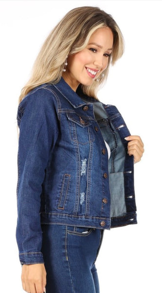 Classic Distressed Denim Jacket With Button Down Closure, Collared, And Pockets. #JA01