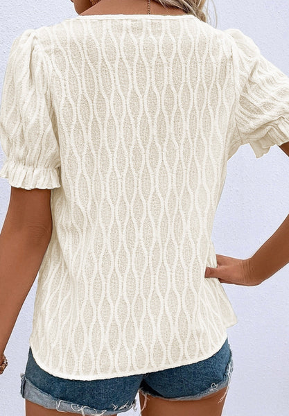 White Solid Color Textured Notched Neck Puff Sleeve Blouse #2020