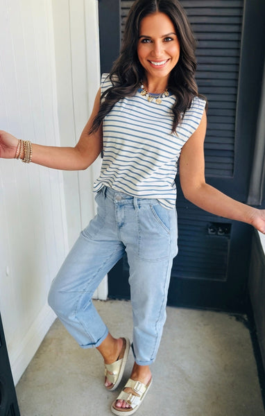 Beau Blue High Rise Barrel Relaxed Patch Pocket Jeans #2018