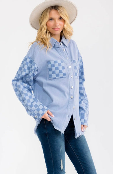 WOMEN'S LONG SLEEVE BUTTON CLOSURE FRONT POCKETS CHEKERS DENIM JACKET 0008