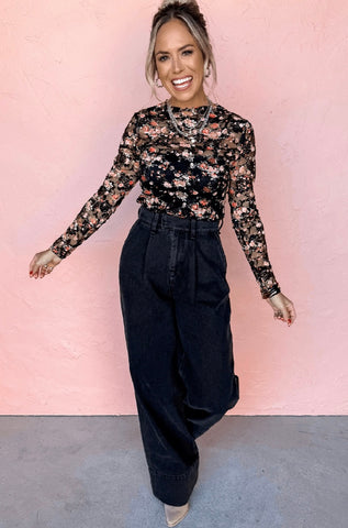 Black Floral Mesh Sheer Long Sleeve Top P24