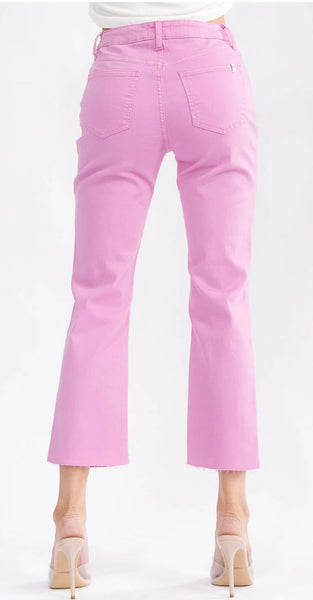 WOMEN'S BUTTON CLOSURE POCKETS DISTRESS WIDE LEG DENIM PANTS #0184