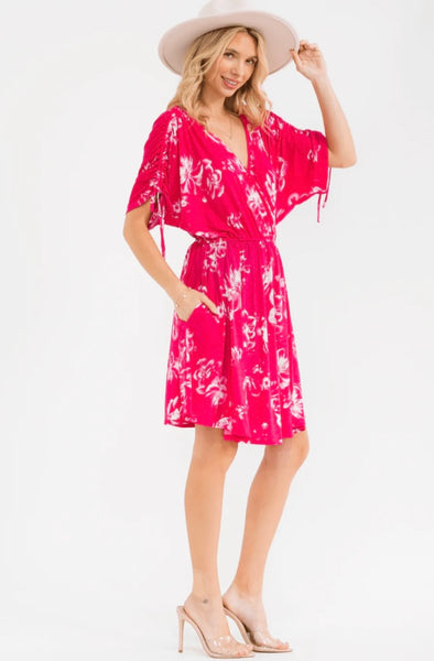 WOMEN'S SHORT SLEEVE SURPLICE ELASTIC WAIST POCKETS FLORAL PRINT MINI DRESS 0011
