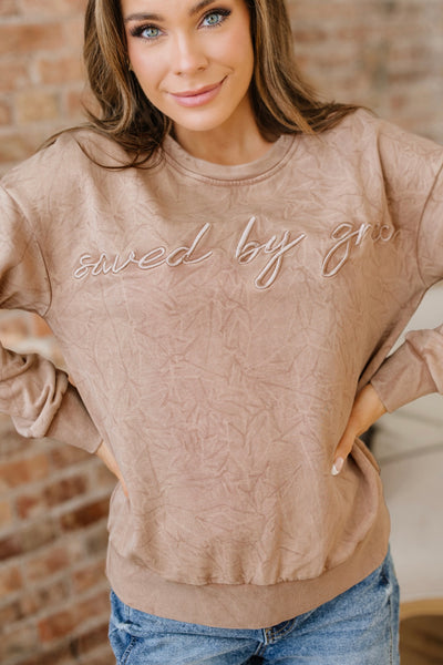 SAVED BY GRACE Letter Embroidery Mineral Wash Loose Sweatshirt #0219