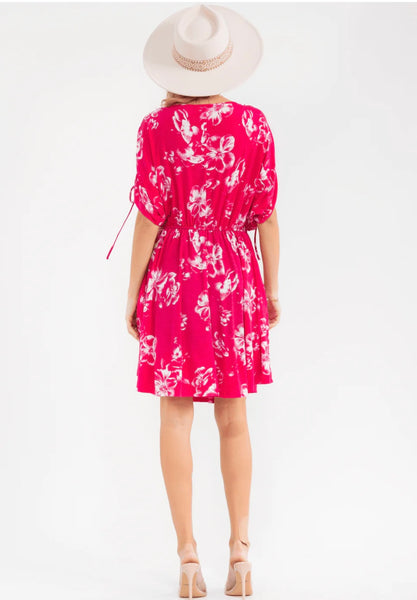 WOMEN'S SHORT SLEEVE SURPLICE ELASTIC WAIST POCKETS FLORAL PRINT MINI DRESS 0011