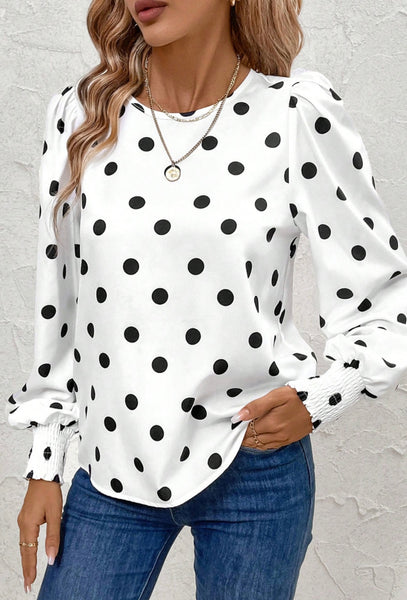 White Polka Dot Print Round Neck Frilled Long Sleeve Blouse #0214