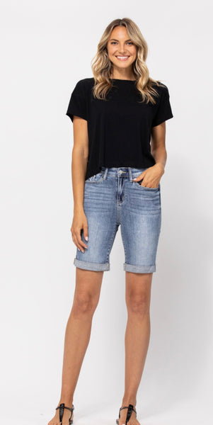 JUDY BLUE 15226 HI-RISE CUFFED BERMUDA SHORTS